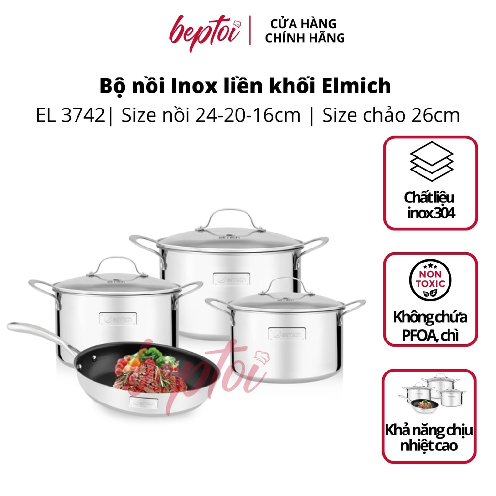 Nồi bếp từ chảo inox 304 cao cấp 3 lớp đáy liền Trimax 4 chiếc size 18cm, 20cm, 26cm và chảo 26cm