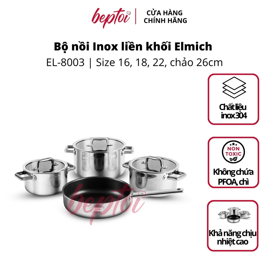 Nồi bếp từ inox liền khối Elmich Trimax ECO EL-8003 size 16, 18, 22, chảo 26cm