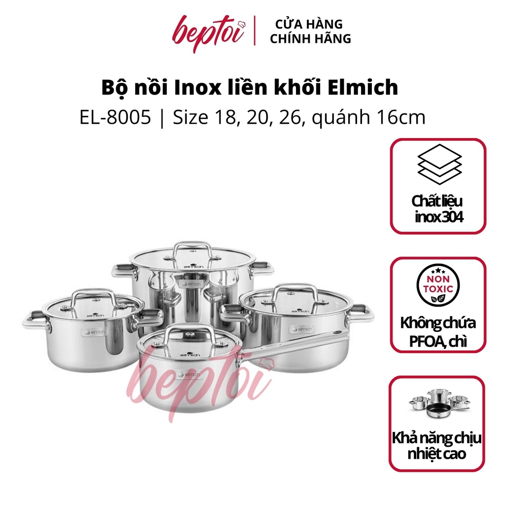Nồi bếp từ inox liền khối Elmich Trimax ECO EL-8005 size 18, 20, 26, quánh 16cm