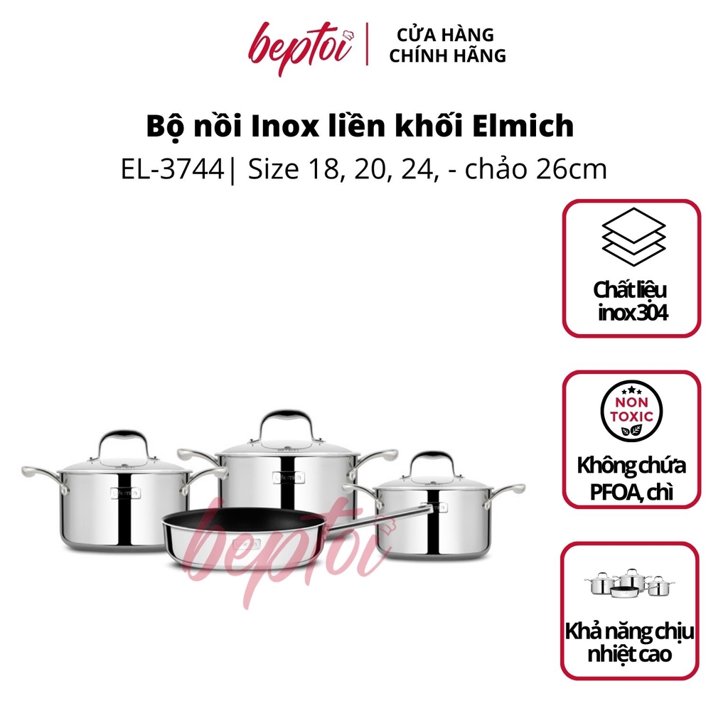 Nồi bếp từ, bộ nồi Inox cao cấp 3 lớp đáy liền Trimax XS EL-3744 size 18, 20, 24, chảo 26cm