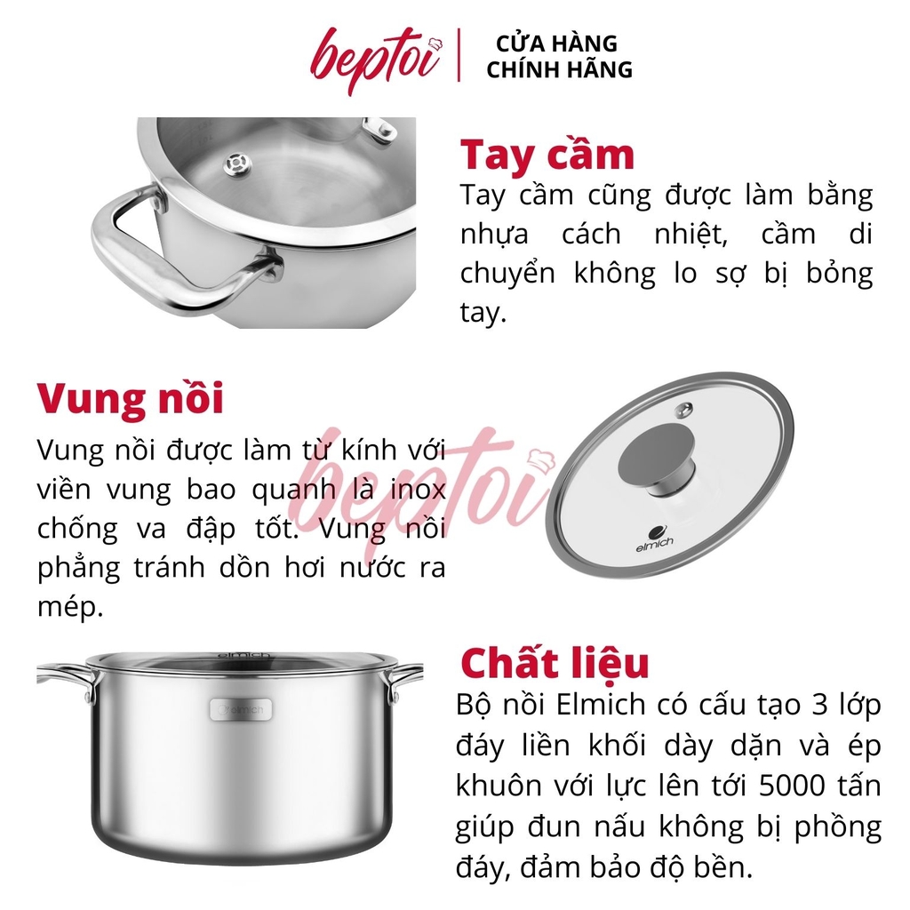 Nồi bếp từ, bộ nồi Inox cao cấp 3 lớp đáy liền Trimax XS EL-3744 size 18, 20, 24, chảo 26cm