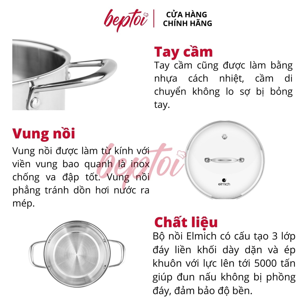 Nồi bếp từ, bộ nồi inox liền khối Elmich Trimax CZ EL-3833 size 16, 20, 22cm