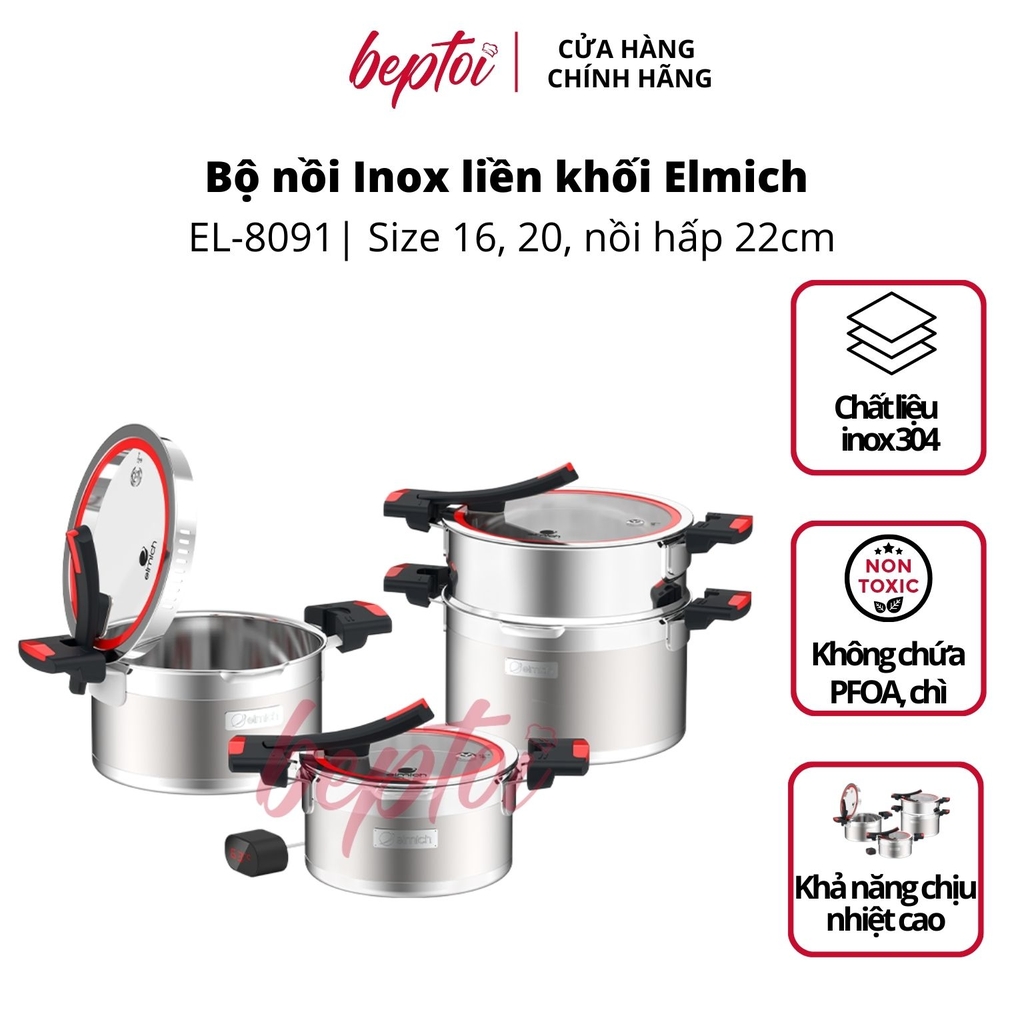 Nồi bếp từ, bộ nồi Inox liền khối Elmich Milano size 16, 20, nồi hấp 22cm ELMICH EL-8091