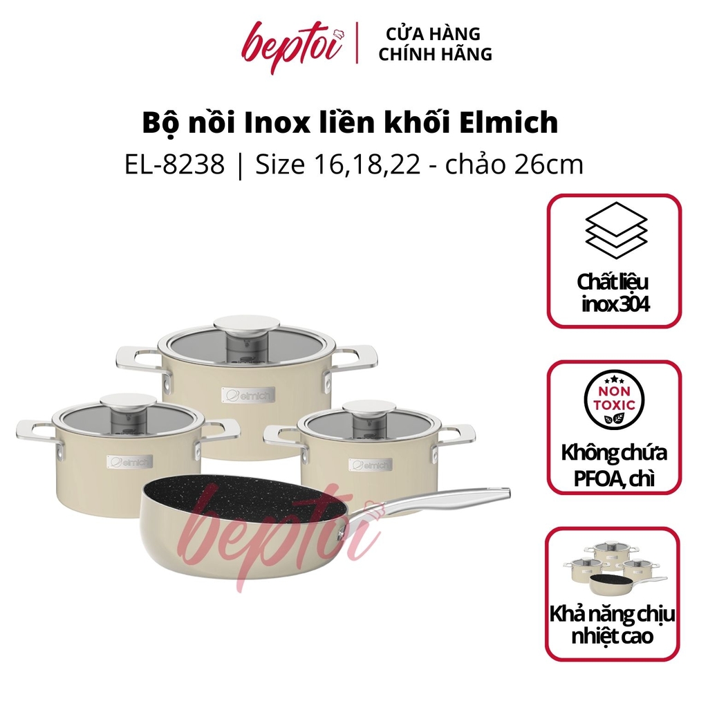 Nồi bếp từ, bộ Inox liền khối Elmich Hera size 16, 18, 22 chảo full induction 26cm ELMICH EL-8238