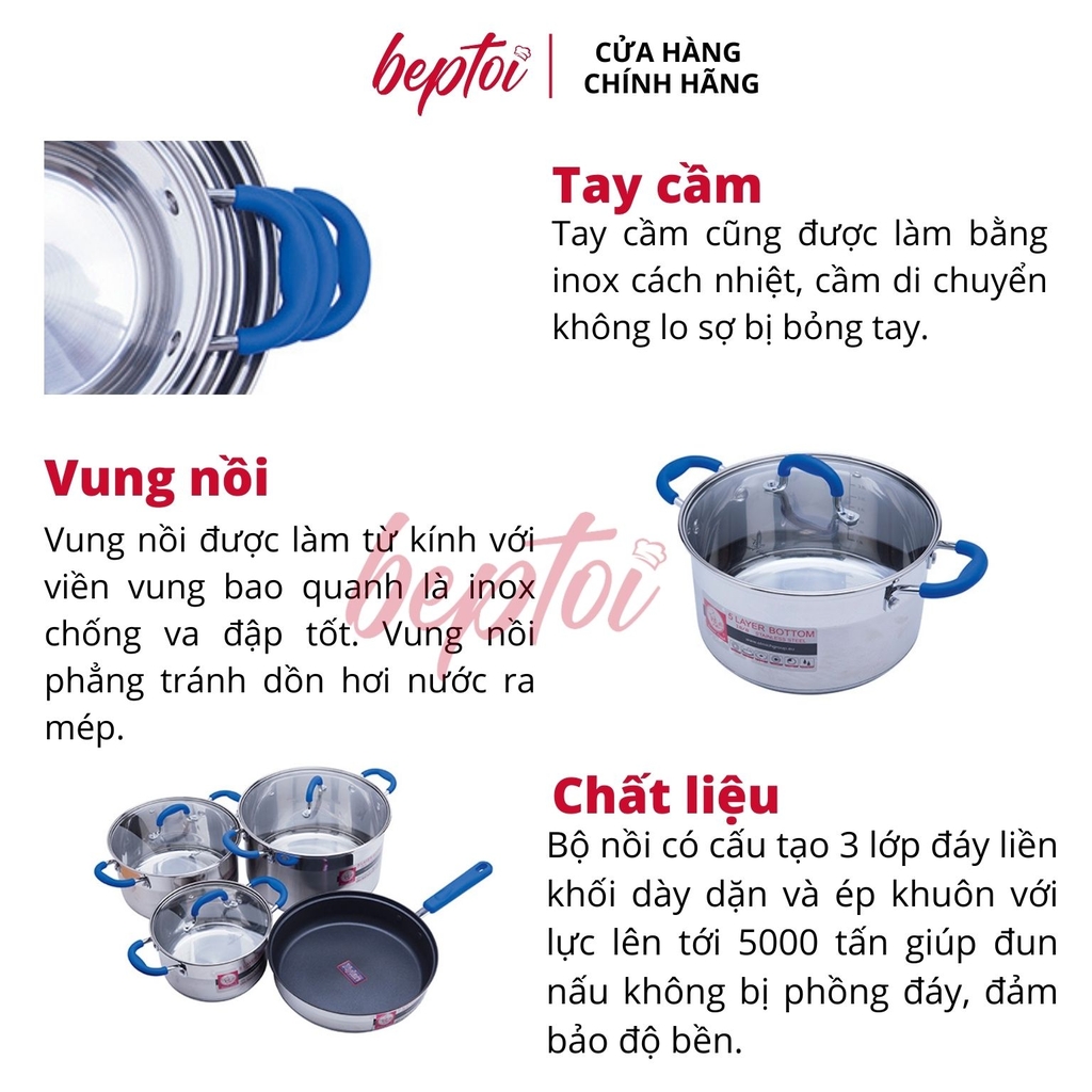 Bộ nồi bếp từ 3 chiếc cỡ 18, 22, 26cm và 1 chảo inox Smartcook cỡ 26cm