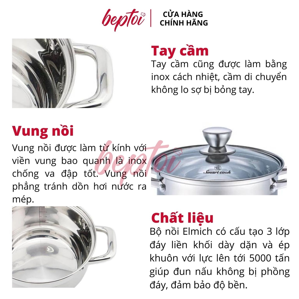 Nồi bếp từ inox Smartcook 3 chiếc cỡ 16cm, 20cm, 24cm EL3337