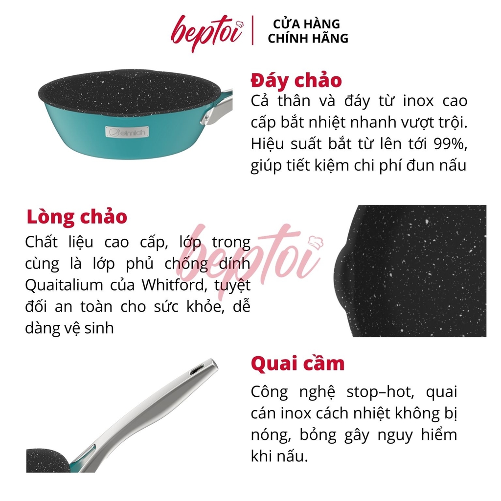 Chảo Inox liền khối Elmich Hera Xanh Ngọc, chảo chống dính đáy từ Elmich