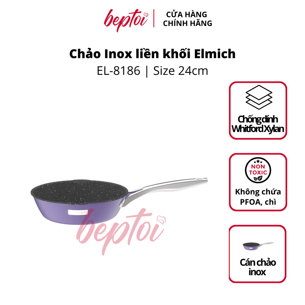 Chảo Inox liền khối Elmich Hera Màu Tím, chảo chống dính đáy từ Elmich