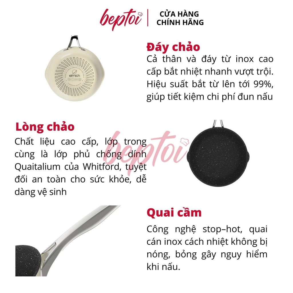 Chảo Inox liền khối Elmich Hera Vàng Kem, chảo chống dính đáy từ Elmich