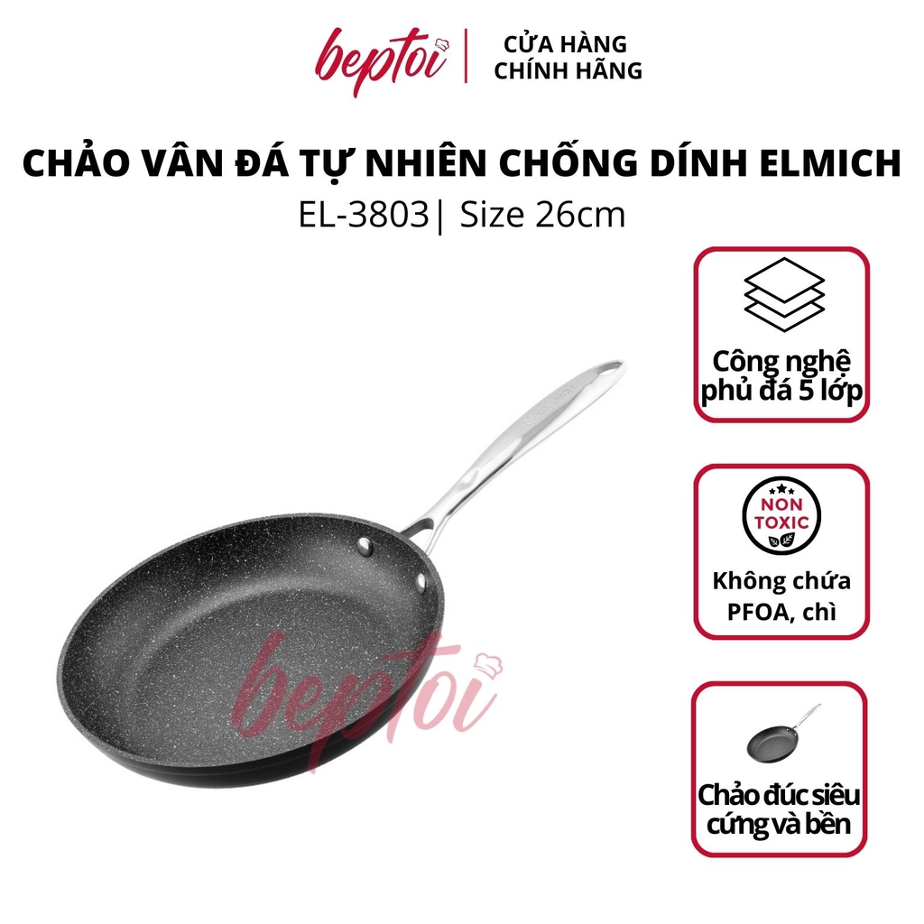 Chảo vân đá tự nhiên chống dính Elmich Opal, chảo chống dính đáy từ Elmich