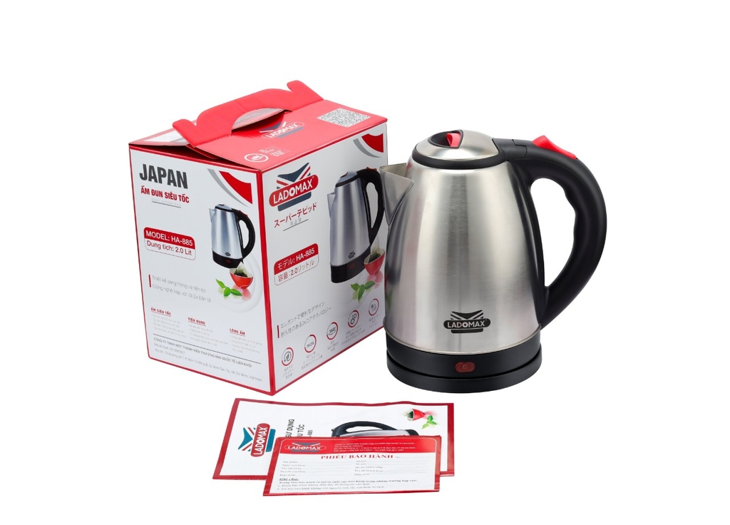 Ấm siêu tốc Ladomax 2L, bình siêu tốc Inox công suất 1500W HA-885 (xả kho)