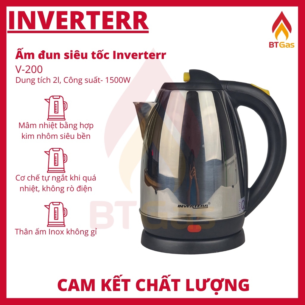 Bình đun siêu tốc, ấm siêu tốc bền đẹp, nấu nước an toàn, thân ấm inox dung tích 2 lít INVERTERR V-200