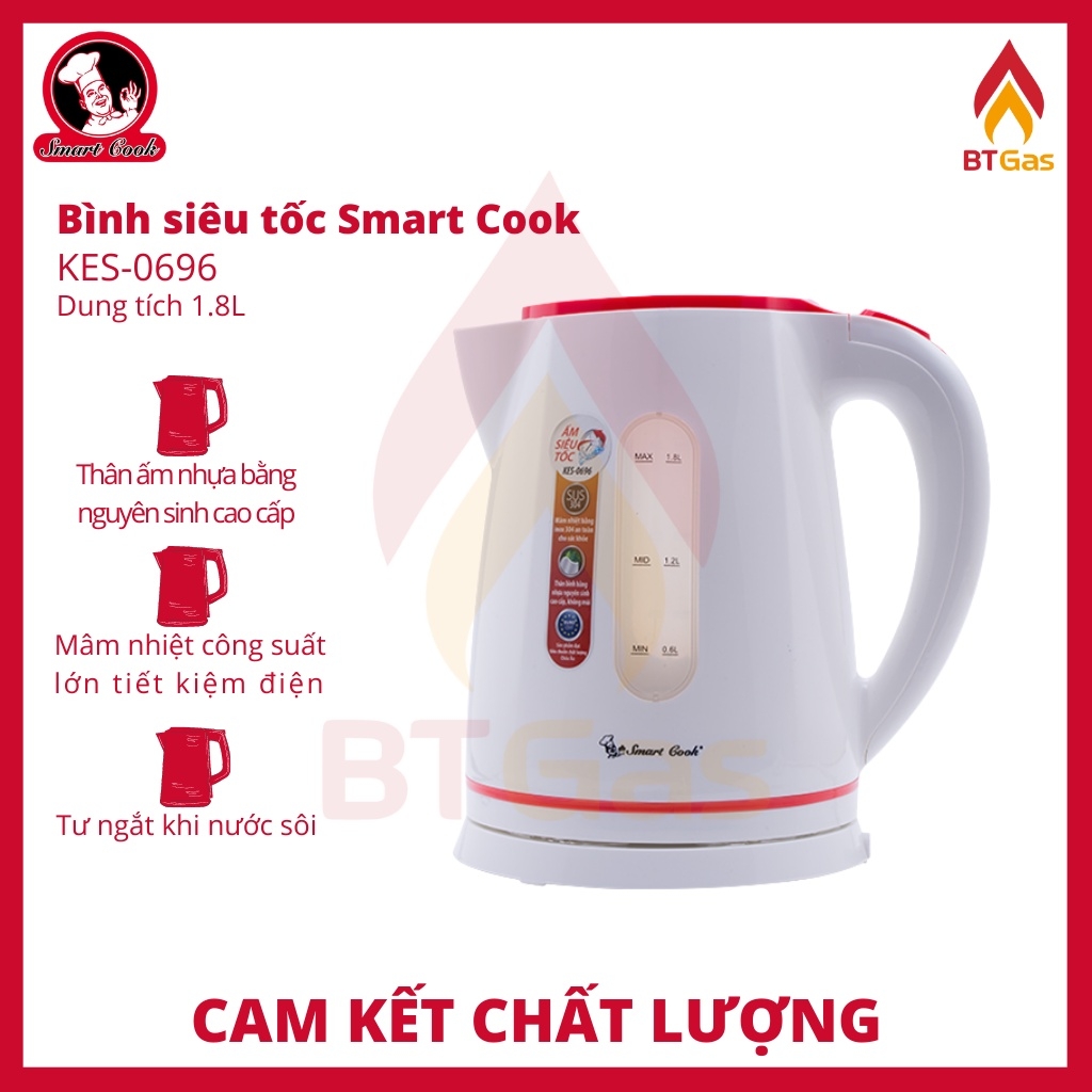 Bình đun siêu tốc, ấm siêu tốc bền đẹp, thân nhựa cao cấp, dung tích 1.8L Smartcook KES-0696