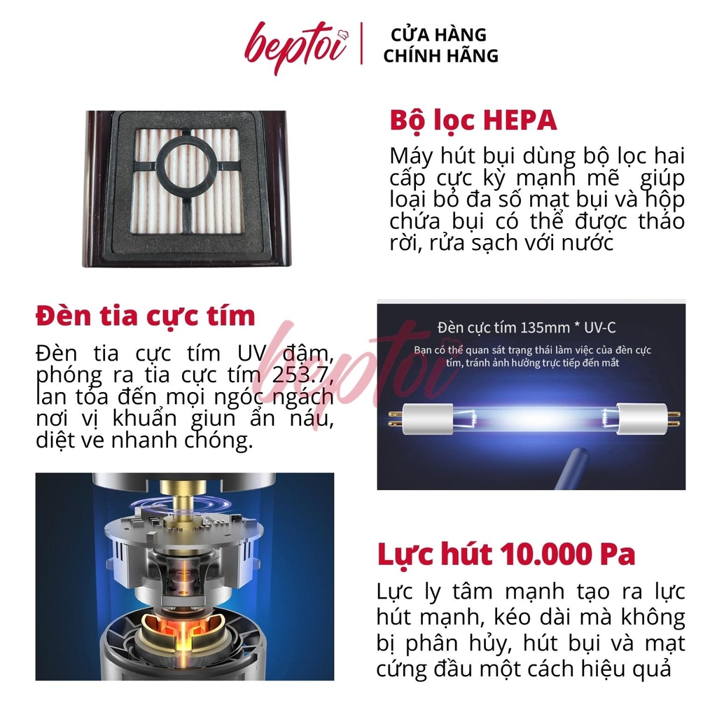 Máy hút bụi giường nệm diệt khuẩn UV TSUKI TS-HC01, dây dài 3,5 mét, lực hút 10.000 Pa