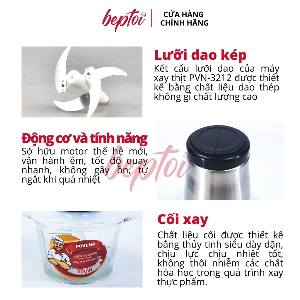 Máy xay thịt cối thủy tinh 2 Lít Povena PVN-3212