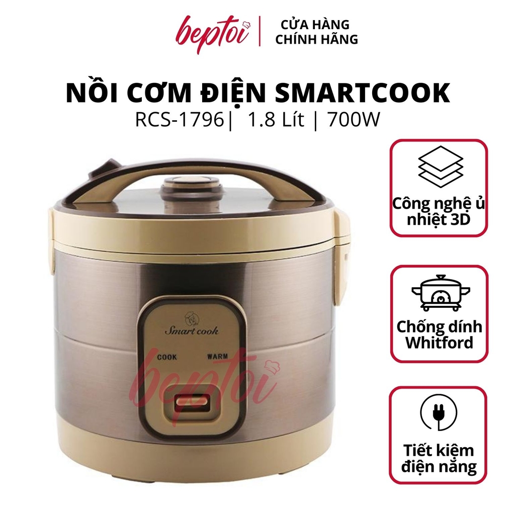 Nồi cơm điện cao cấp Smartcook 1.8L, nồi cơm điện nắp gài Smartcook RCS-1796