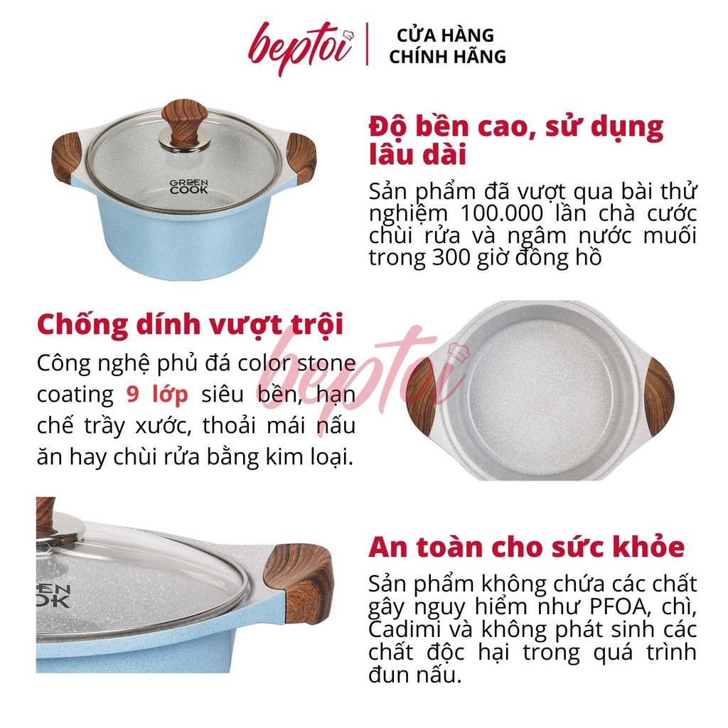 Nồi chống dính nồi bếp từ men đá chống dính xanh sapphire Green Cook GCS09-IH công nghệ Hàn Quốc