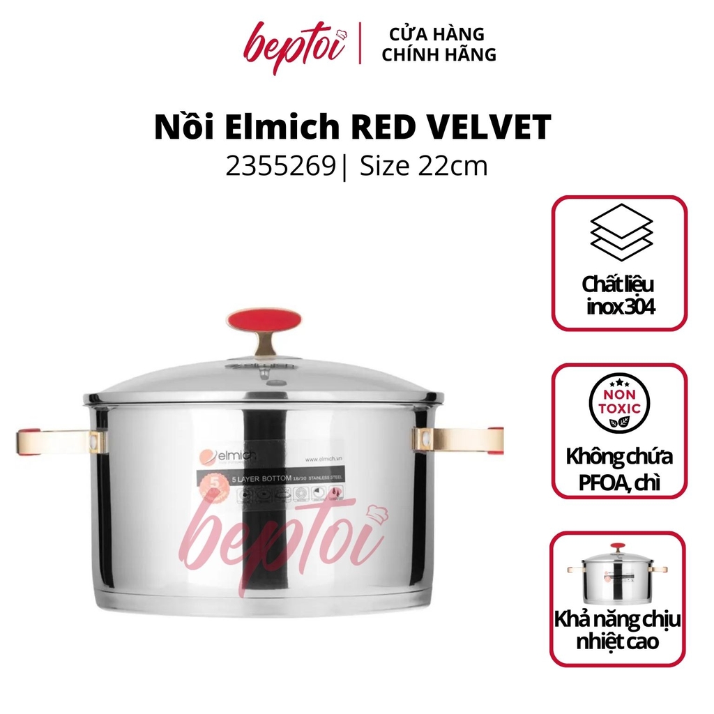 Nồi bếp từ inox 304 Red Velvet, nồi đáy từ Elmich cao cấp 5 lớp