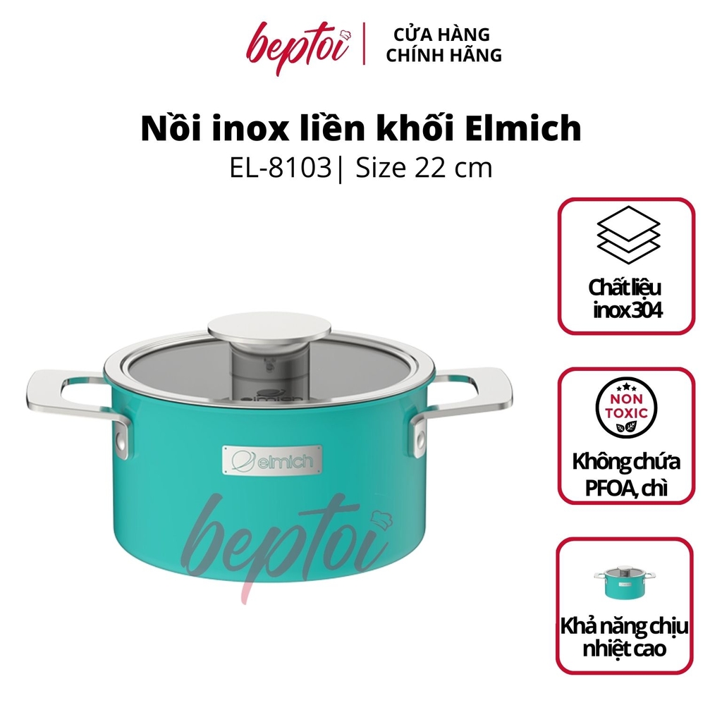 Nồi bếp từ Inox liền khối Elmich Hera Màu Xanh Ngọc, bộ nồi đáy từ cao cấp Elmich