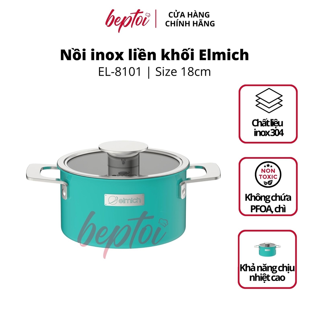 Nồi bếp từ Inox liền khối Elmich Hera Màu Xanh Ngọc, bộ nồi đáy từ cao cấp Elmich