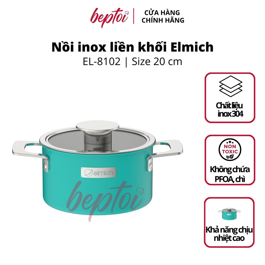 Nồi bếp từ Inox liền khối Elmich Hera Màu Xanh Ngọc, bộ nồi đáy từ cao cấp Elmich