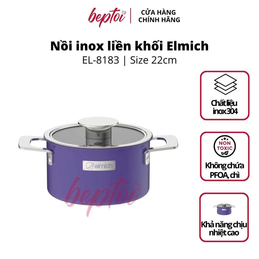 Nồi bếp từ Inox liền khối Elmich Hera Màu Tím, bộ nồi đáy từ cao cấp Elmich