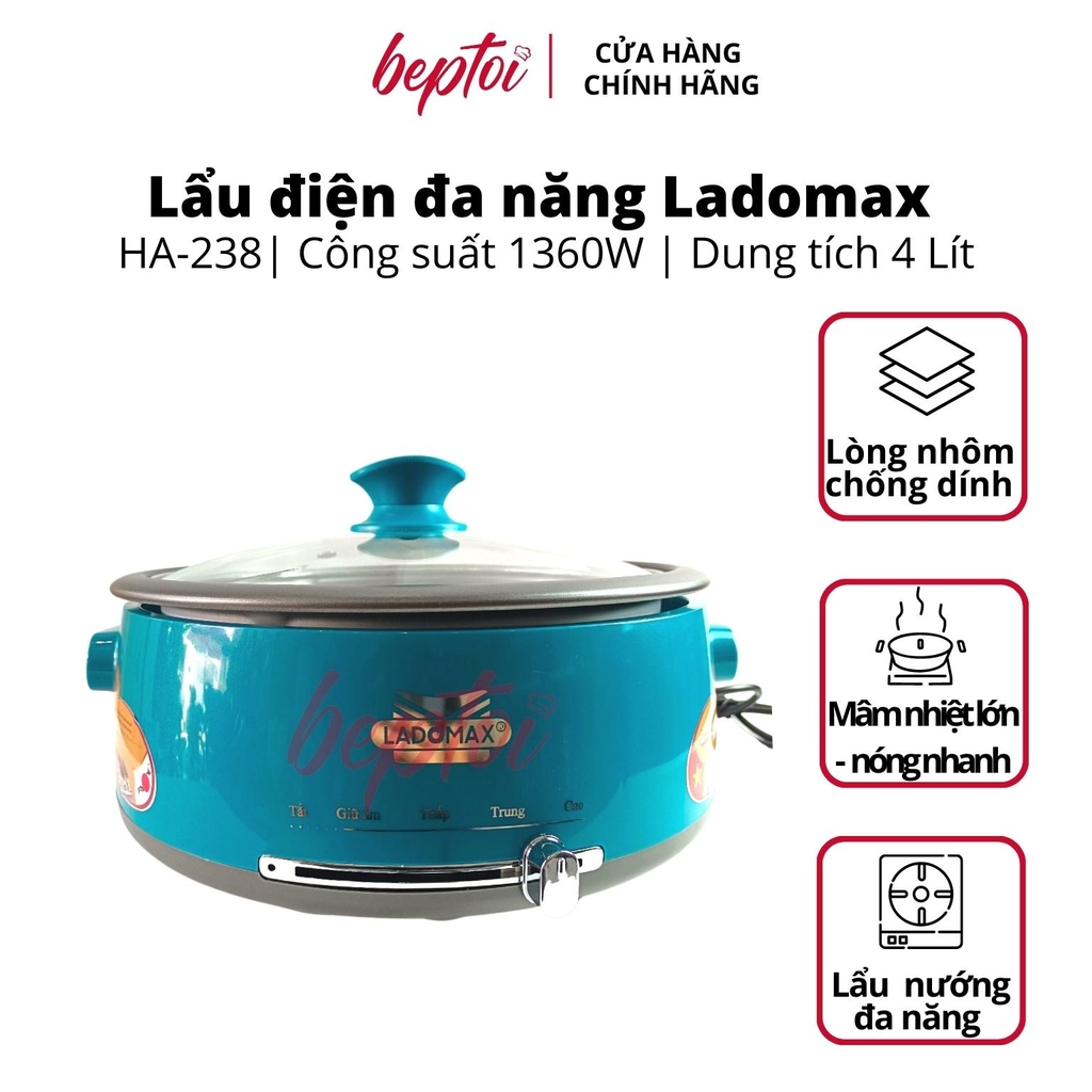 Nồi lẩu điện đa năng, bếp lẩu mini dung tích 4 Lít công suất 1360W Ladomax HA-238