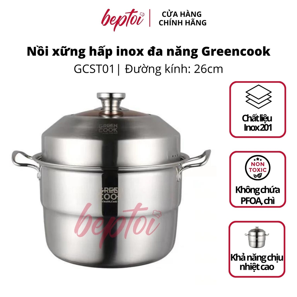 Nồi bếp từ nồi xững hấp inox đa năng Greencook 26CM GCST01- 26IH