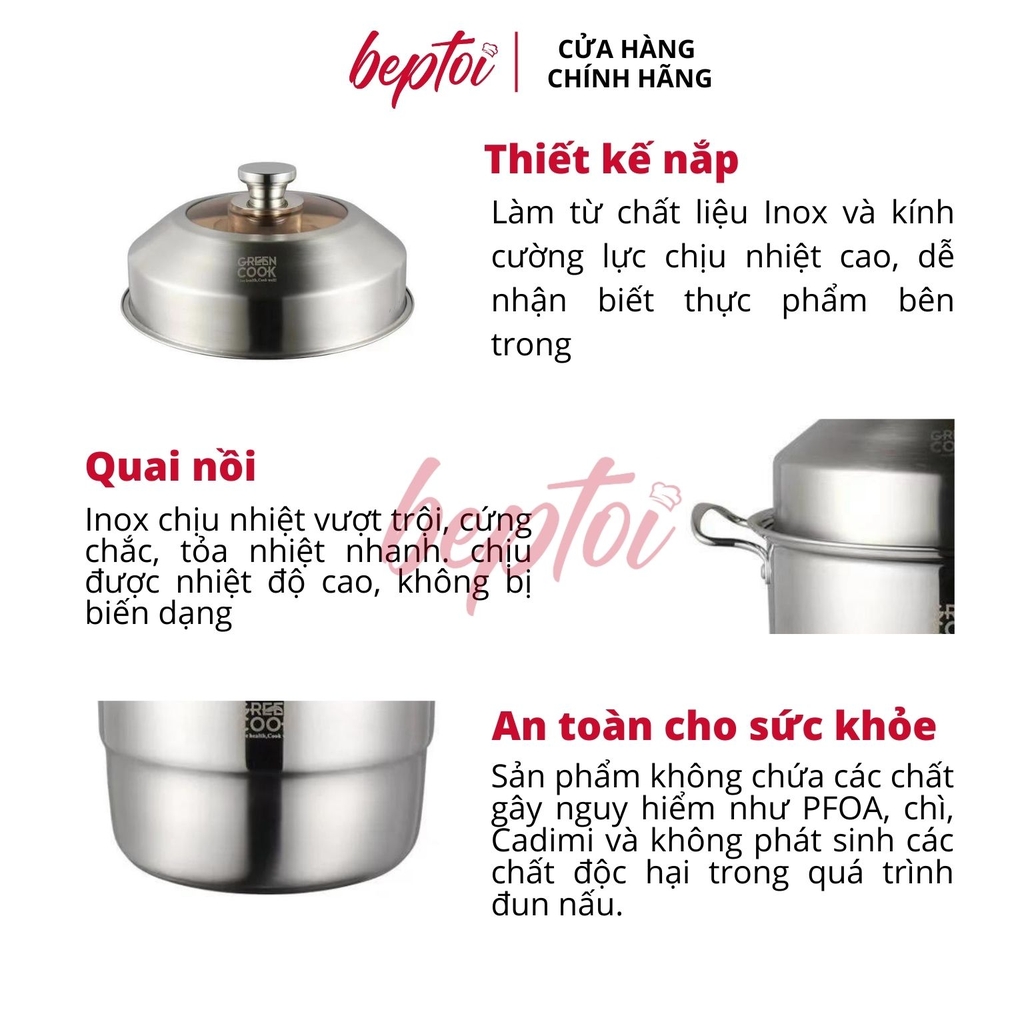 Nồi bếp từ nồi xững hấp inox đa năng Greencook 26CM GCST01- 26IH