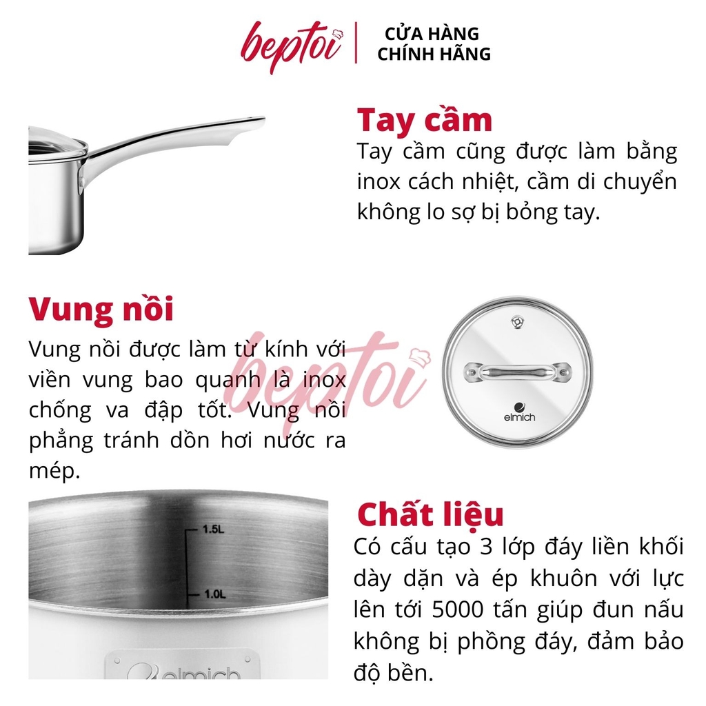 Nồi bếp từ quánh inox 3 lớp cao cấp đáy liền Tri-max XS EL - 3745 size 16cm