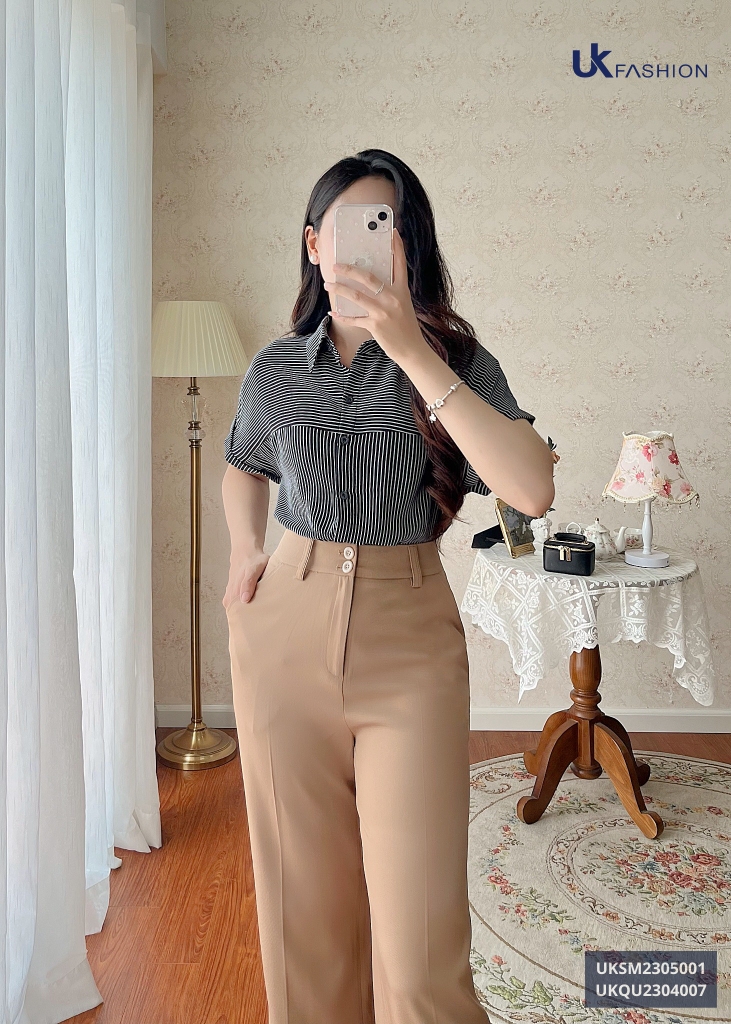 Áo Sơ Mi Cổ Đức Kẻ Vai Chờm UK Fashion Đẹp, Mát UKSM2305001