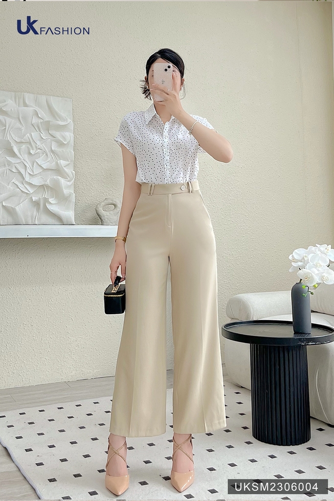 Áo Sơ Mi Chấm Bi Vai Chờm UK Fashion Cao Cấp, Màu Sắc Trendy UKSM2306004