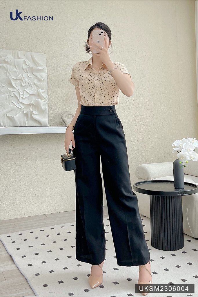 Áo Sơ Mi Chấm Bi Vai Chờm UK Fashion Cao Cấp, Màu Sắc Trendy UKSM2306004