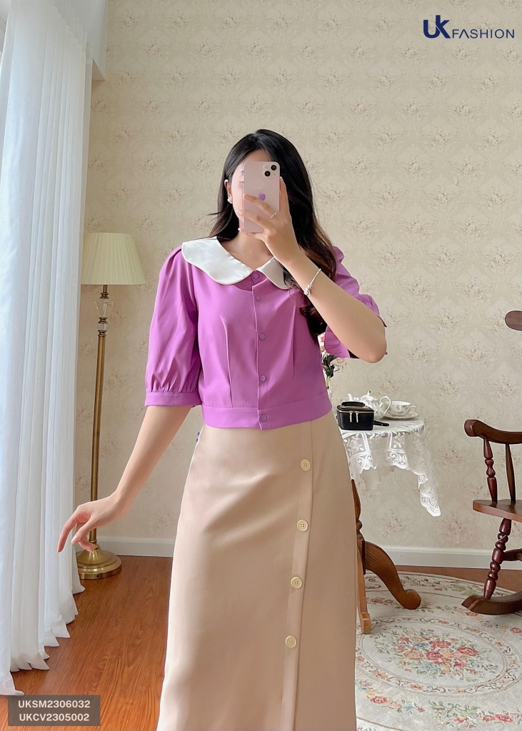 Áo Sơ Mi Bo Gấu Phối Cổ UK Fashion Tiểu Thư, Sang Chảnh UKSM2306032