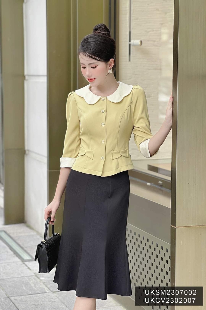 Áo Sơ Mi Cổ Sen Phối Cổ Tay UK Fashion  Cao Cấp, Lên Form Đứng Dáng UKSM2307002