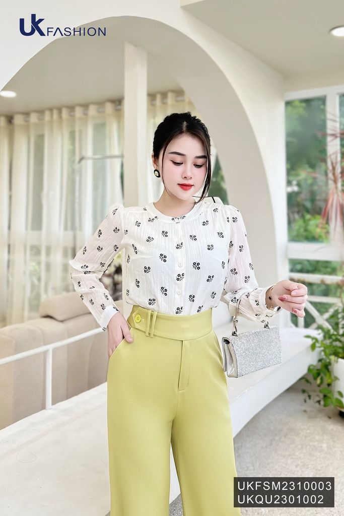 Áo Sơ Mi Tơ Hoa Nẹp Cổ Tròn UK Fashion Tiểu Thư, Nữ Tính UKFSM2310003