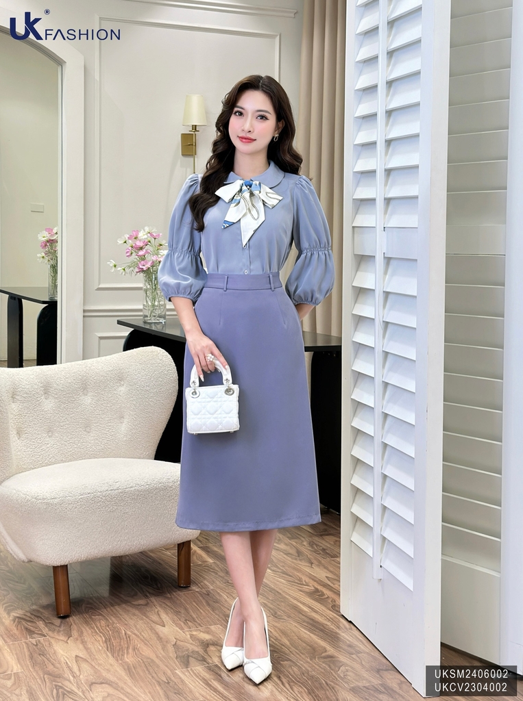Áo Sơ Mi Cổ Sen Chun Tay UK Fashion Công Sở Nữ Thanh Lịch, Nữ Tính UKSM2406002