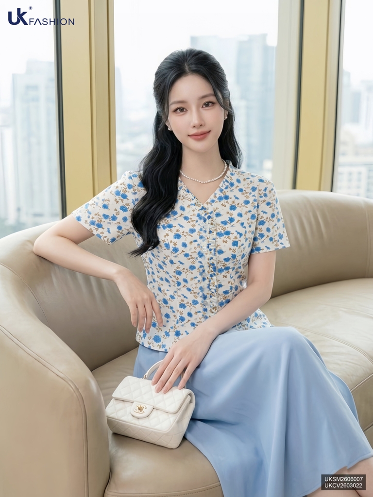 Sơ mi hoa cổ bèo dọc nẹp UKSM2606007 ( Áo rời ko kèm CV/QU/PK)