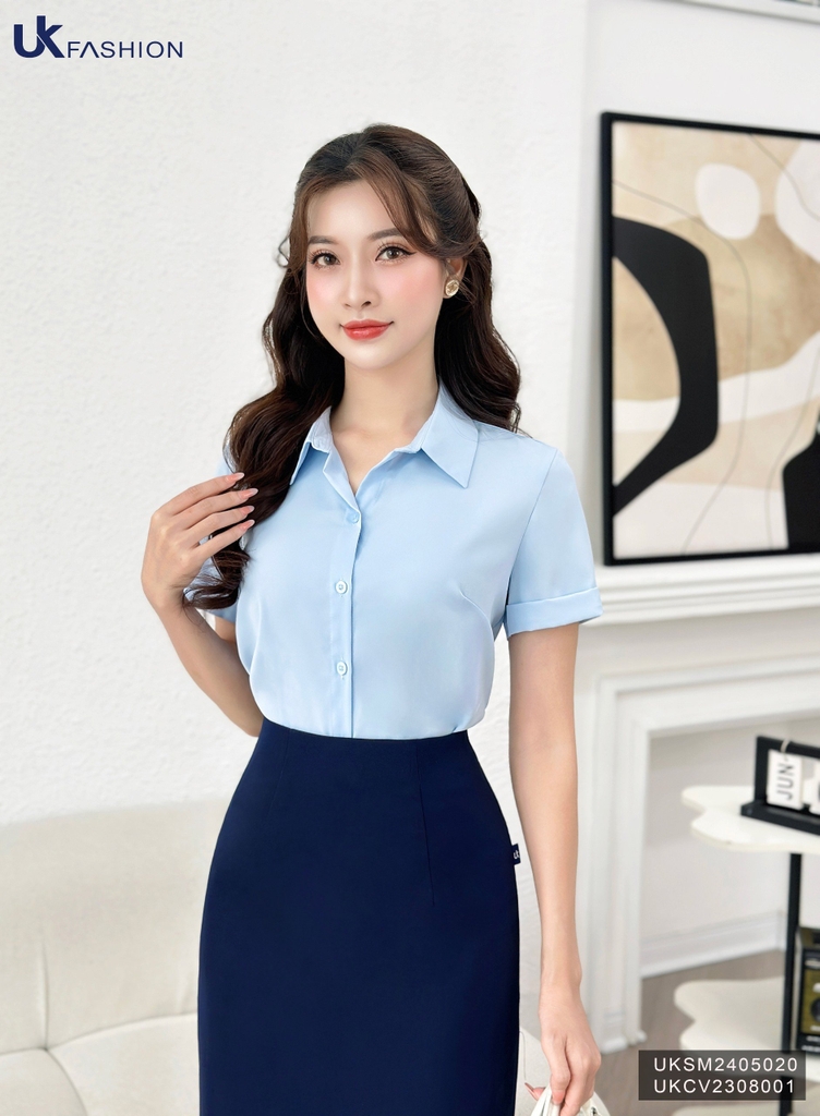 Áo Sơ Mi Cổ Đức Dáng Suông Tay Cộc UK Fashion Công Sở Nữ Thanh Lịch Vải Mềm Mịn UKSM2405020