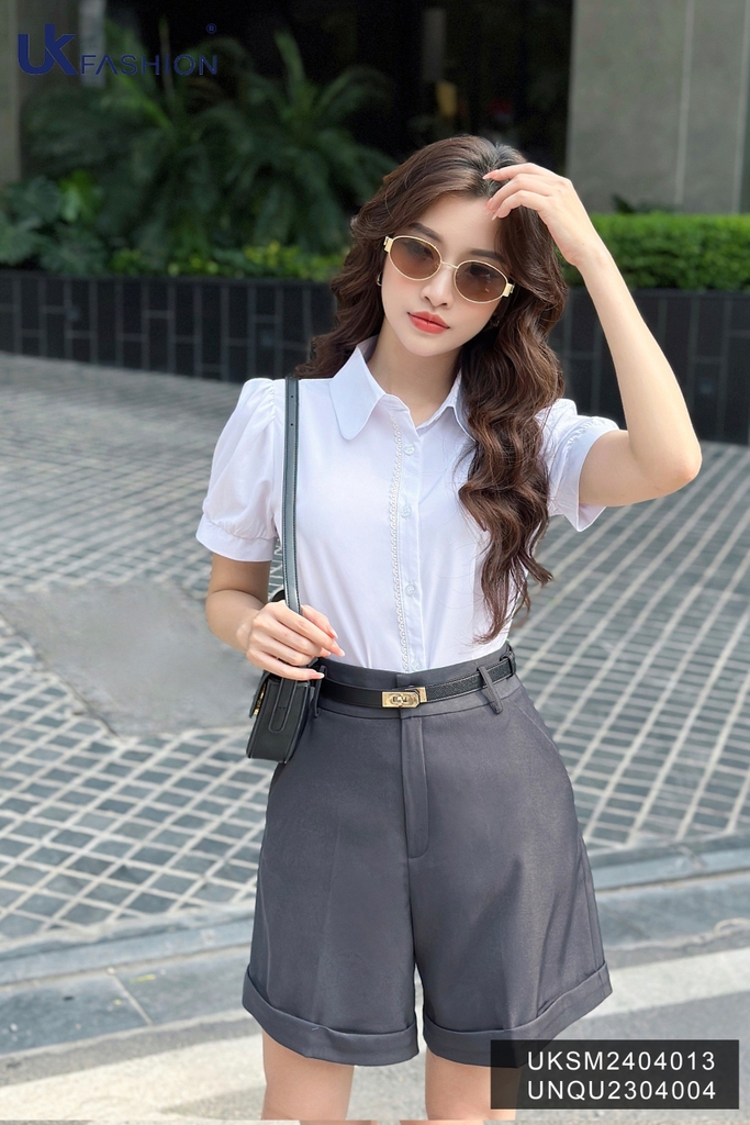 Sơ mi cổ sen kê ren nẹp xinh xắn, điệu đà, hợp dáng cơ bản UKSM2404013
