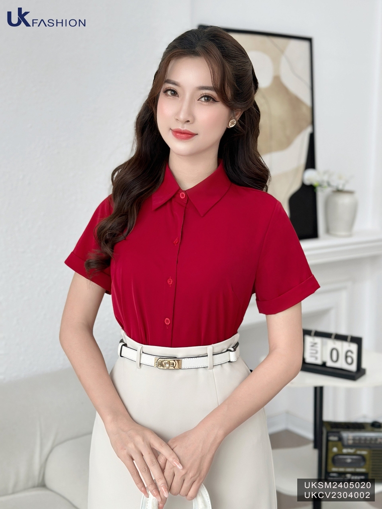 Áo Sơ Mi Cổ Đức Dáng Suông Tay Cộc UK Fashion Công Sở Nữ Thanh Lịch Vải Mềm Mịn UKSM2405020