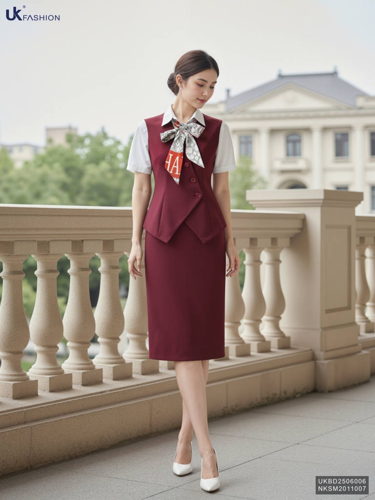 Set gile vạt chéo cúc + chân váy sang xịn, lịch sự UKBD2506006