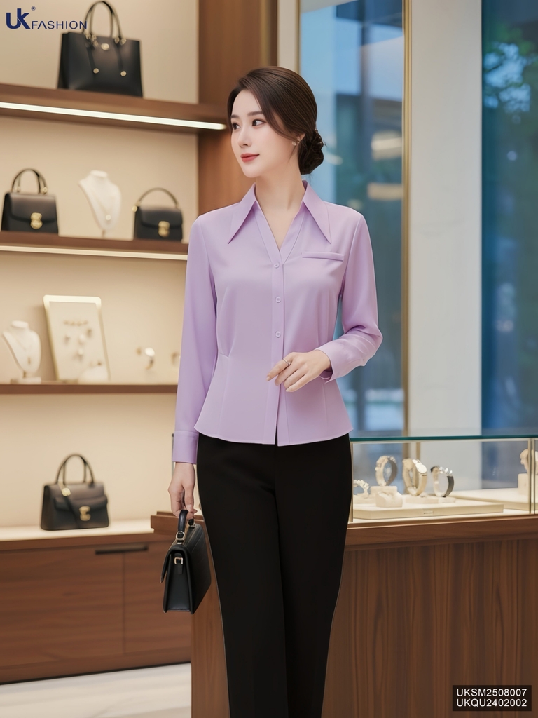 Sơ mi V cổ tay dài cắt eo tôn dáng, mềm mịn UKSM2508007