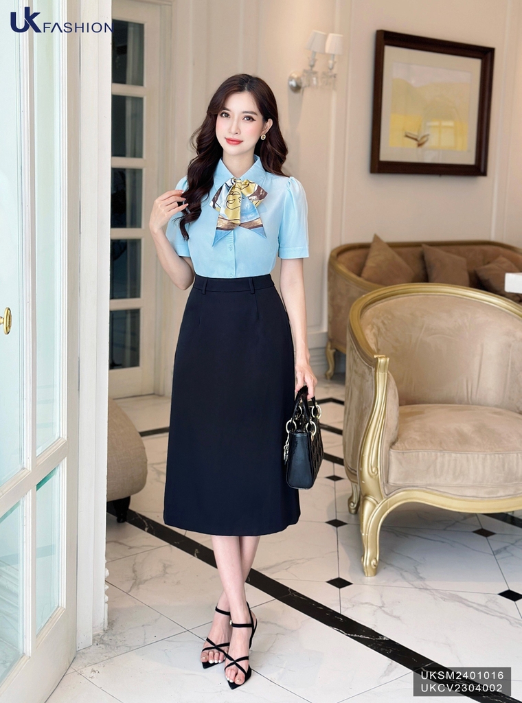 Áo Sơ Mi nữ UK Fashion cổ đức cọc tay mí nẹp, chất liệu lụa không nhăn UKSM2401016