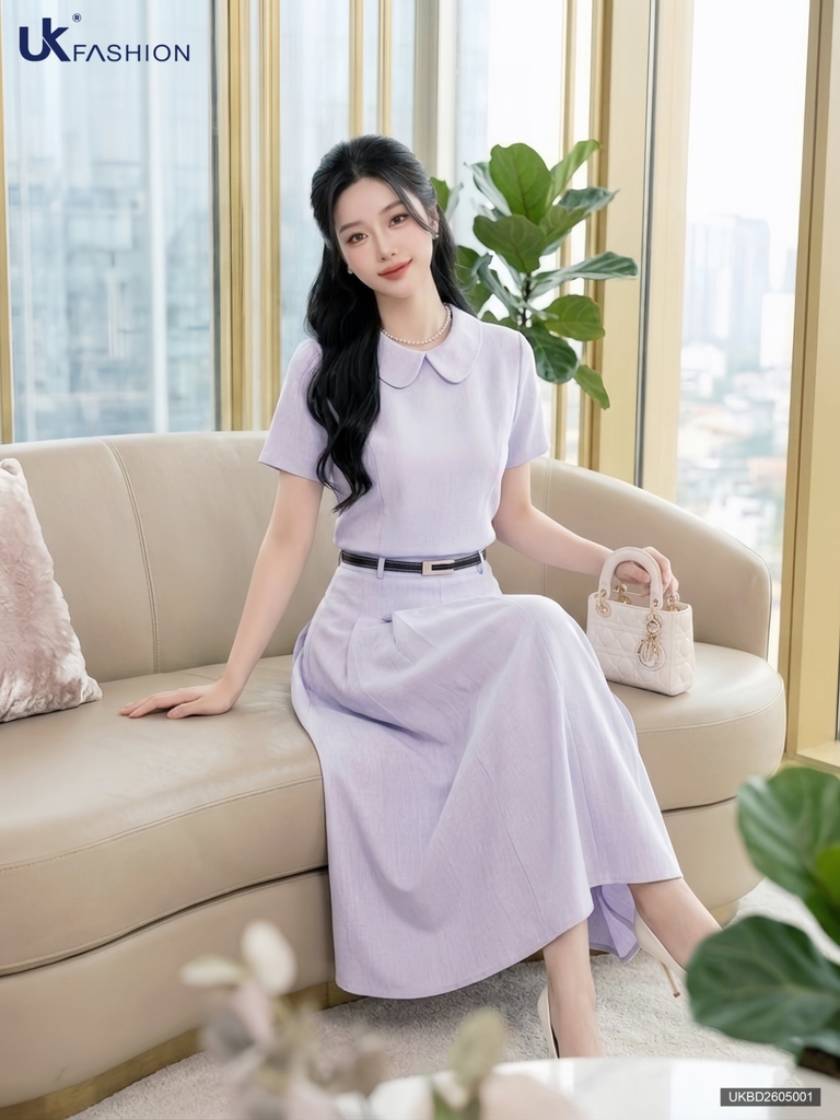 Set áo Linen cổ sen + chân váy xếp UKBD2605001 ( Bao gồm cả áo và chân váy )