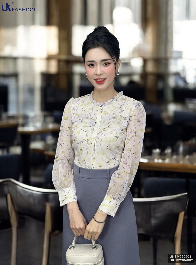 Sơ mi hoa bèo cổ cúc nẹp, kiểu dáng mới, mềm mịn UKSM2502011