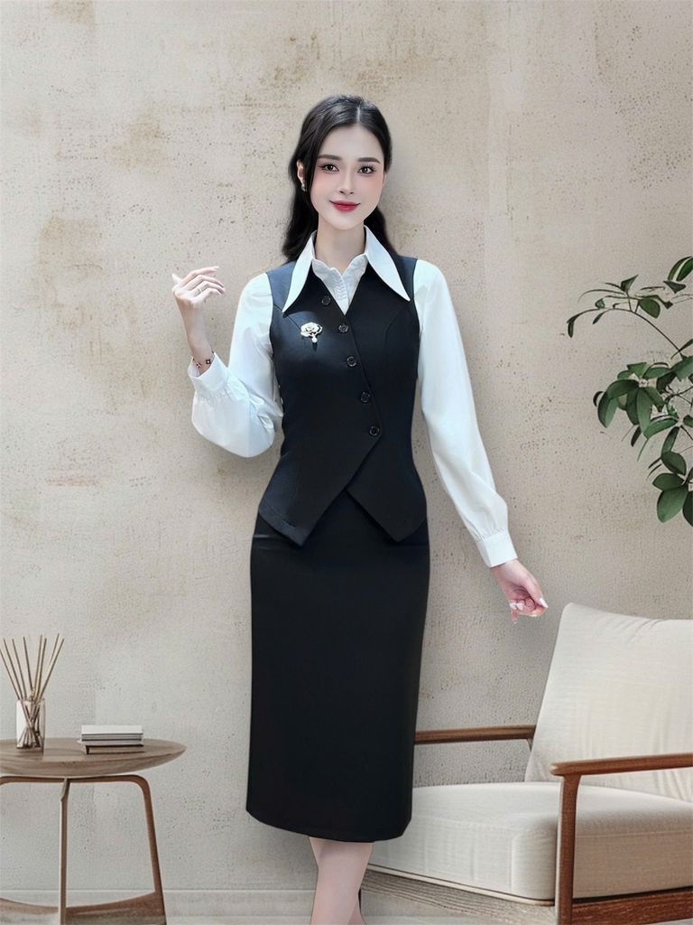 Set gile vạt chéo cúc + chân váy sang xịn, lịch sự UKBD2506006