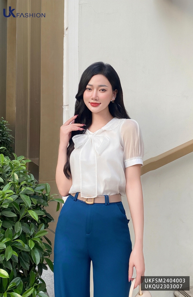 Áo Sơ Mi UK Fashion Phối Nơ Tơ Tiểu Thư, Thanh Lịch UKFSM2404003