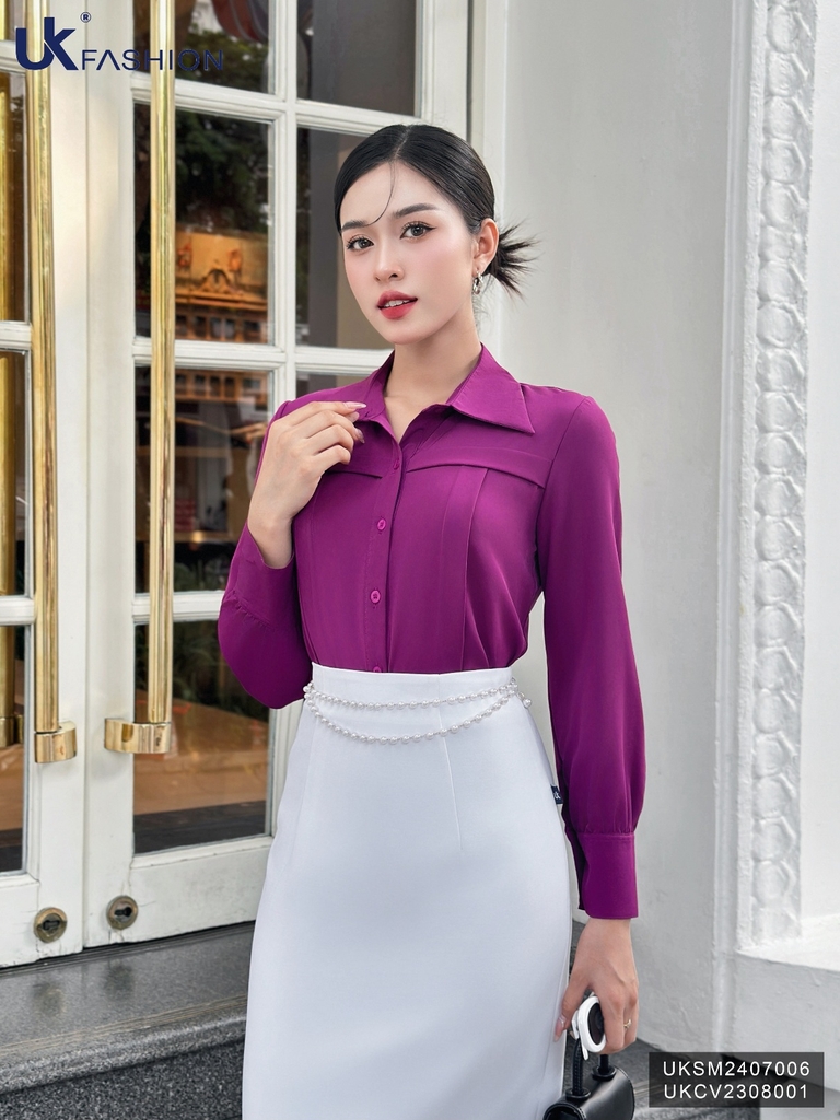 Sơ mi cổ đức dài tay xếp ngực UKSM2407006 nhã nhặn, duyên dáng, lịch sự