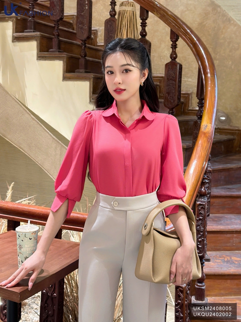 Áo Sơ Mi Cổ Sen Tay Lỡ Lơ Vê Xẻ UK Fashion Công Sở Nữ Thanh Lịch, Nữ Tính Vải Mềm Mịn UKSM2408005